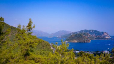 Dağlardan ağaçların dallarına doğru Karadeniz manzarası. Turizm. Seyahatler. Dağlara.