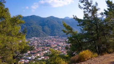 Dağlardan ağaçların dallarına doğru Karadeniz manzarası. Turizm. Seyahatler. Dağlara.