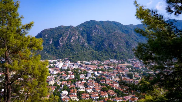 Dağlardan ağaçların dallarına doğru Karadeniz manzarası. Turizm. Seyahatler. Dağlara.