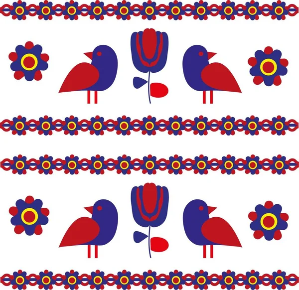 Çiçeklerin, kuşların ve şekillerin halk süsleri. Sanatsal soyut renkli arkaplan. Altyazılar için arkaplan şablonu. Kusursuz desenli kumaş Jacquard kurdele kesimi. Vektör illüstrasyonları