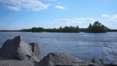 Nehir manzarası. Güzellik doğa manzarası. Hızlı akıntılı vahşi bir nehir. Nehir suyu akıyor. Suyun yanındaki yeşil ağaç. Yaz doğası geçmişi. video görüntüleri