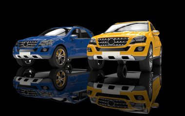 siyah zemin üzerine mavi ve sarı büyük arabalar