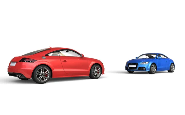 Red and blue car facing off — Stock Photo, Image
