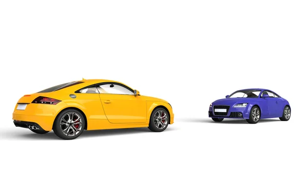 Yellow and purple cars - head to head — Stock Photo, Image