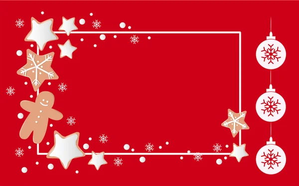 Kartka Świąteczna Ciasteczkami Świątecznymi Postaci Gwiazdy Śniegiem Kulkami Świątecznymi Czerwonym — Wektor stockowy