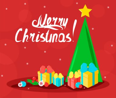 Yeni yıl kartında hediyeler, Noel ağacı, Noel baloları, yıldız, yeni yıl meyveleri ve yeni yıl mesajlarıyla kırmızı zemin üzerinde kar taneleri.