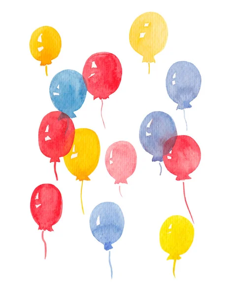 Akwarela Wielokolorowe Latające Balony Czerwony Niebieski Żółty — Zdjęcie stockowe