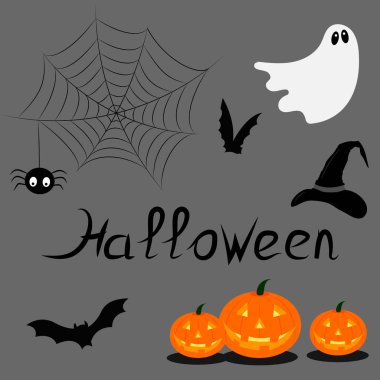 Cadılar bayramı canavarlarla dolu: hayalet, balkabağı, yarasa, örümcekli ağ