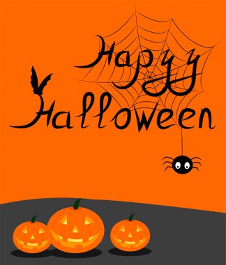 İçinde canavarlar olan Cadılar Bayramı kartı: balkabağı, yarasa, şapka, örümcekli ağ