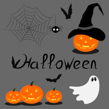 Cadılar bayramı canavarlarla dolu: hayalet, balkabağı, yarasa, örümcekli ağ