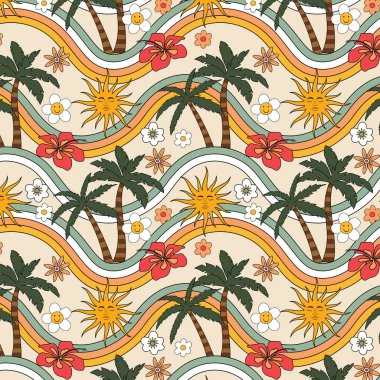 Palmiye ağaçları, güneş çiçekleri ve gökkuşakları eski moda yaz desenleri.. 