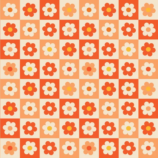 Retro Checkerboard Groovy Sömlös Mönster Med Blommor Söt Färgstark Trendig — Stock vektor