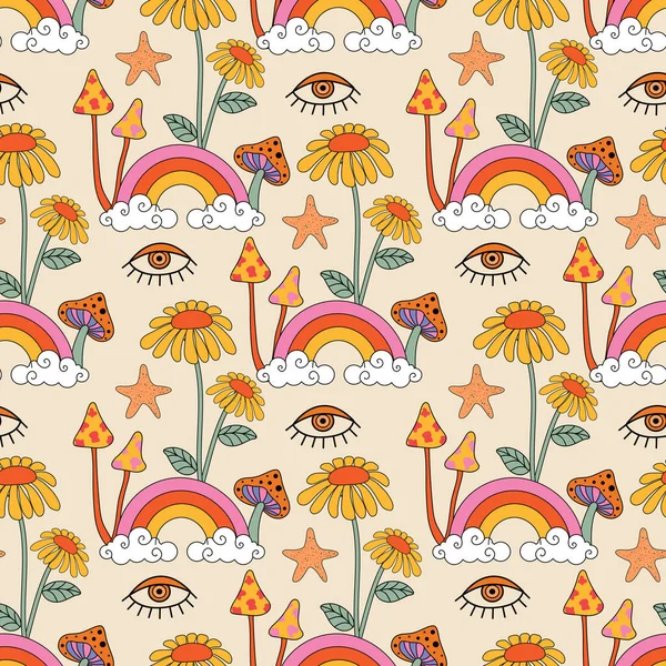 70s Hippie style psychedelic elements mushroom, rainbow, floral retro pattern background.