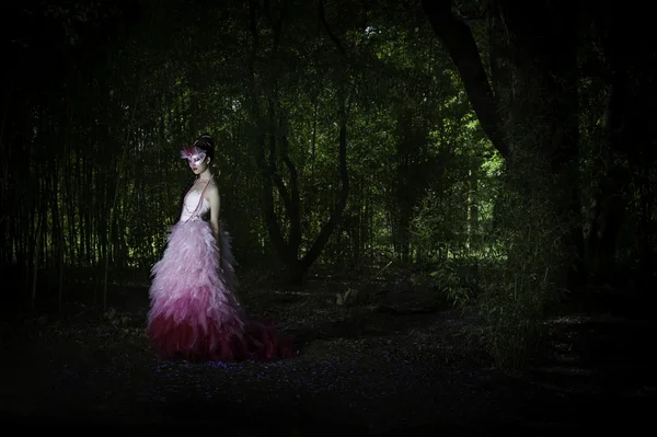 Beautiful fantasy woman with braided hair in evening dress standing in a forest — Stock Photo, Image