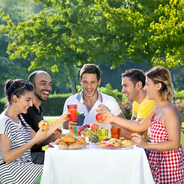 Amigos multiétnicos compartilhando uma refeição agradável — Fotografia de Stock