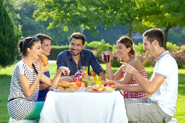 Amigos disfrutando de una comida saludable al aire libre — Foto de Stock