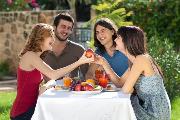 Happy friends enjoying a healthy meal — Stock Photo, Image