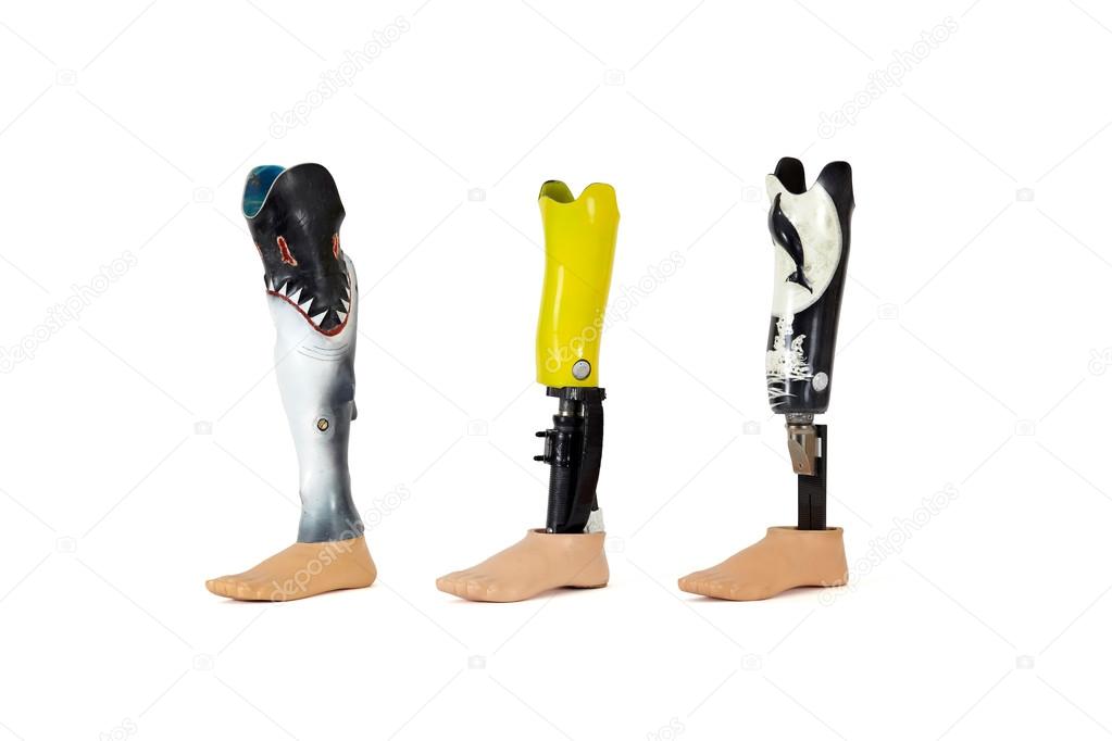 Three lower leg prostheses with waterprotected cases especially