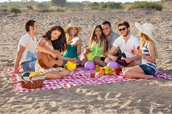 Groupe de jeunes gens heureux qui pique-niquent sur la plage — Photo