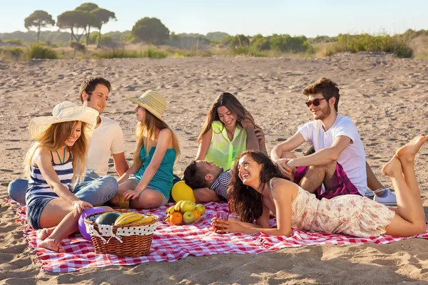 Genç parti insanlar plajda eğlenceli piknik