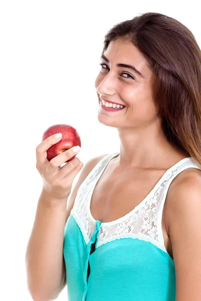 Nutrición saludable. Hermosa mujer natural sosteniendo una manzana roja , — Foto de Stock