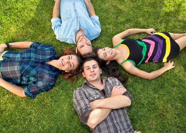 Two teenage couples relaxing on the grass. — Stock Photo, Image