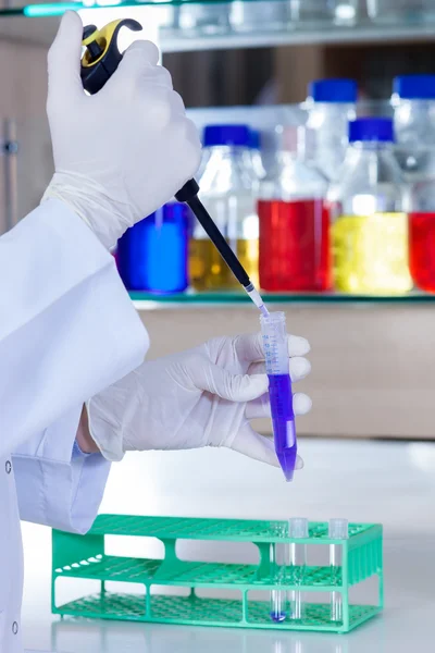 Handen van een lab technicus met behulp van een precisiepipet. — Stockfoto