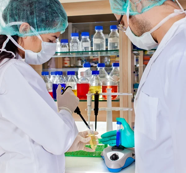 Dos técnicos de laboratorio que realizan un ensayo . —  Fotos de Stock