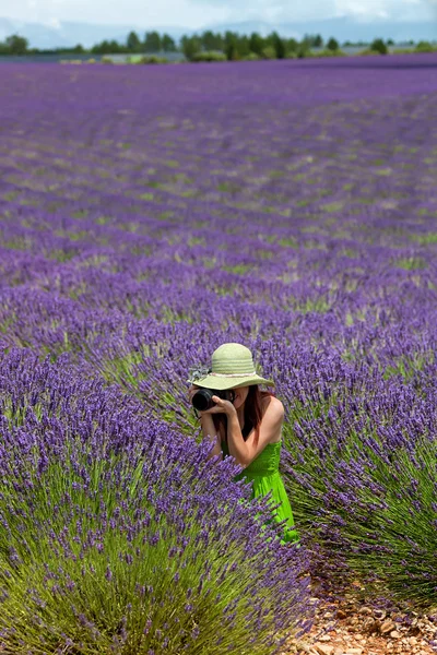 Woman among lavender photographing — Stock Photo, Image