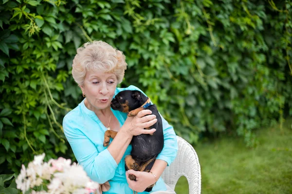 Attraente donna anziana che gioca con il suo cucciolo nel cortile Foto Stock Royalty Free