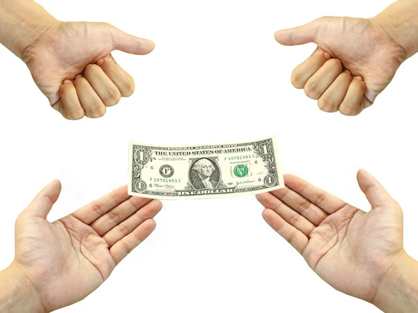 Dos manos dan un billete de un dólar a dos estrangulamientos — Foto de Stock