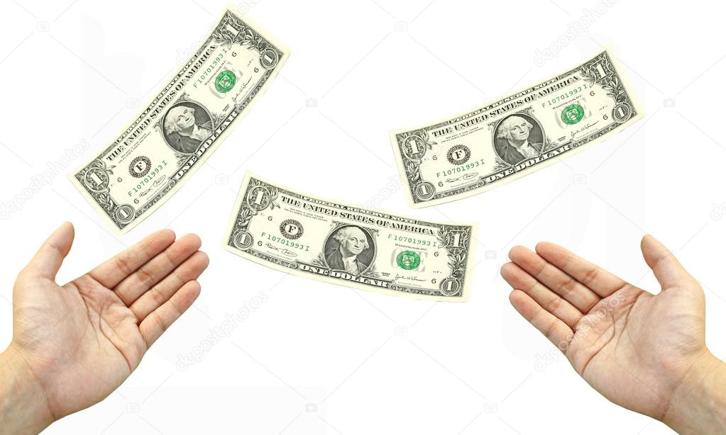 Two hand catch flying dollar bills