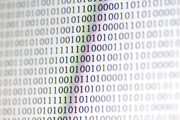 0,1, binary code on LED computer monitor — Stock Photo, Image