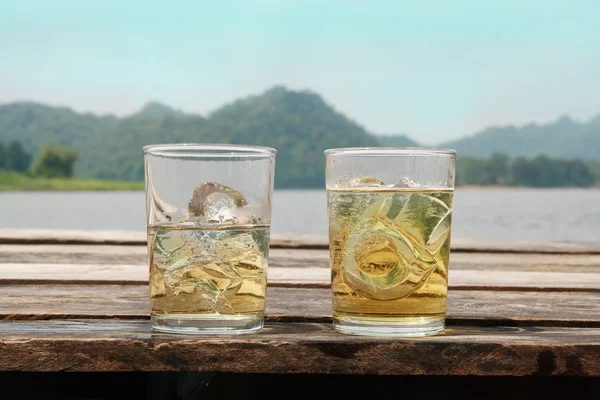 Two lager beer with ice glass and natural view, Thailand — Stock Photo, Image