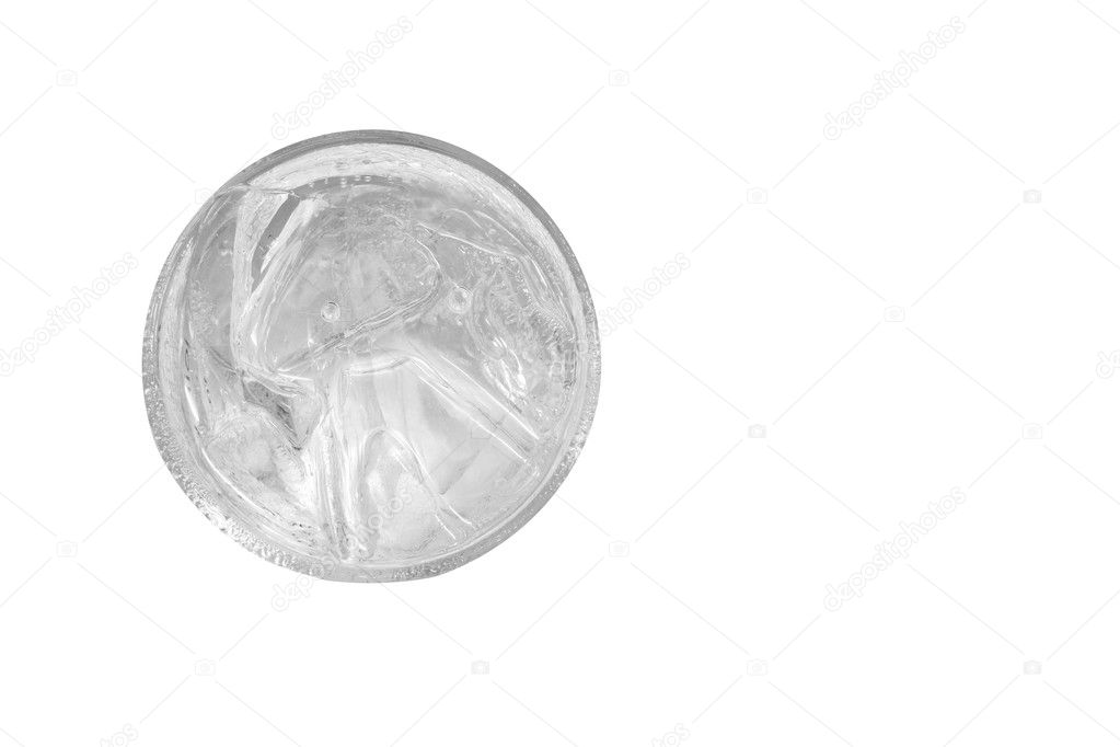 cool clean water with ice in clear glass, top view