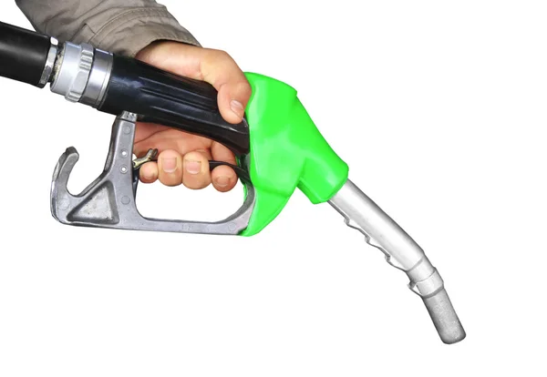 Mužské ruce drží benzinové pumpy, samostatný — Stock fotografie