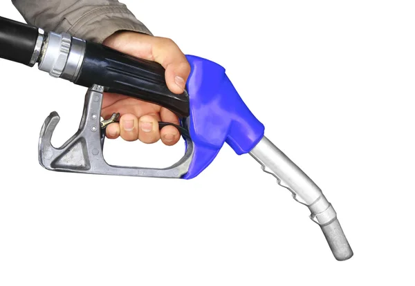 Male hand holding gas pump isolated — Stock Photo, Image