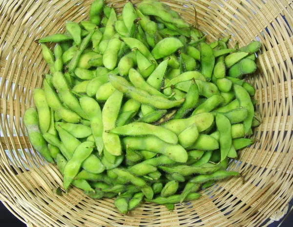 Boil soybean in wood basket — Stock Photo, Image