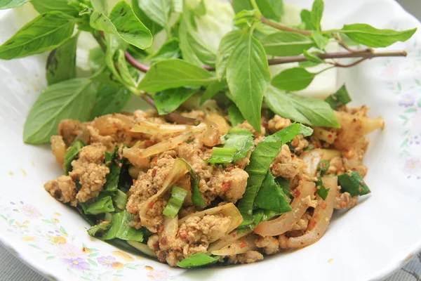 Laboratoř, vepřové kaše s pikantní koření, thajské jídlo — Stock fotografie