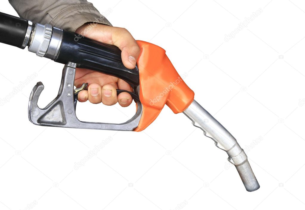 Male hand holding gas pump isolated