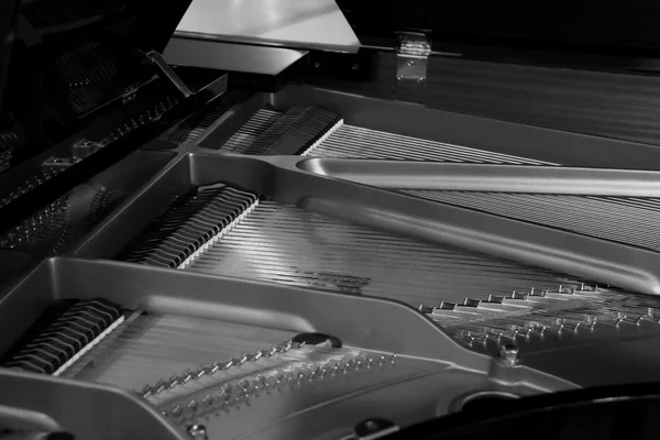 Черно-белые фортепианные струны и детали молотка — стоковое фото