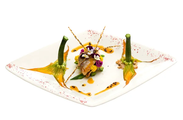 Dish of sea bass with zucchini flowers — Stock Photo, Image