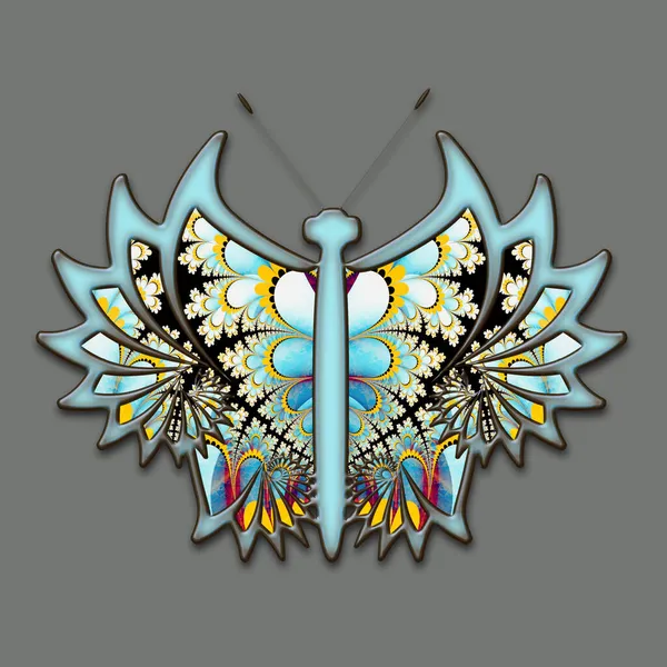 抽象的なフラクタルで満たされた翼を持つカラフルな装飾蝶の3Dイラスト — ストック写真