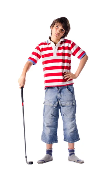 Barn står med golf club — Stockfoto