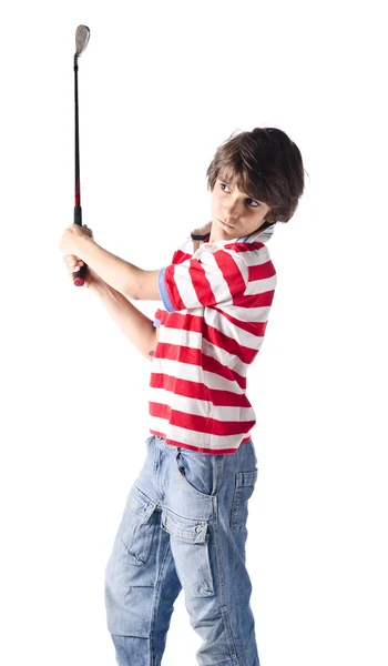 Anak menggunakan tongkat golf berdiri di atas putih — Stok Foto