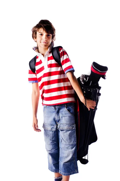 与高尔夫球袋，孤立的小男孩 — 图库照片
