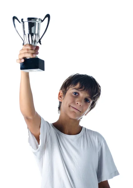 Campeão criança segurando copo vencedor — Fotografia de Stock