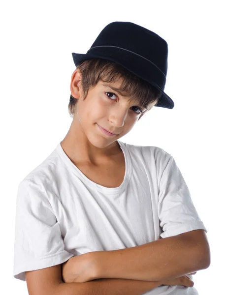 Bonito criança vestindo chapéu fedora — Fotografia de Stock