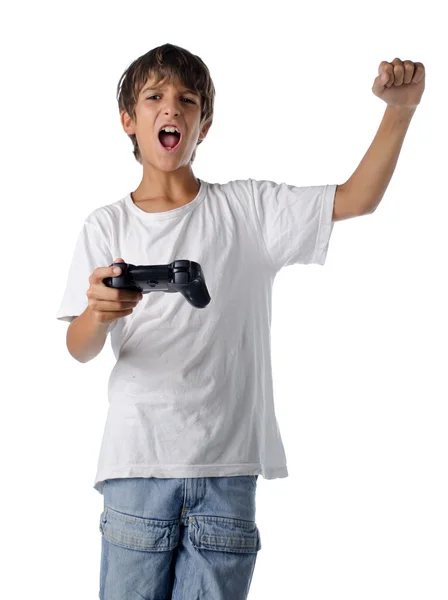 Niño feliz con joystick jugando videojuegos — Foto de Stock