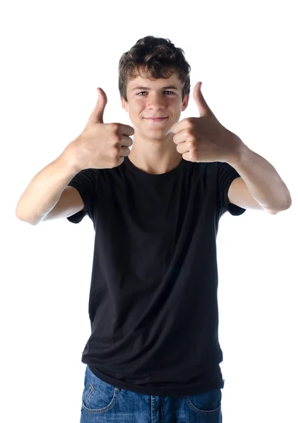 Sorrindo adolescente menino fazendo ok polegares para cima sinal — Fotografia de Stock